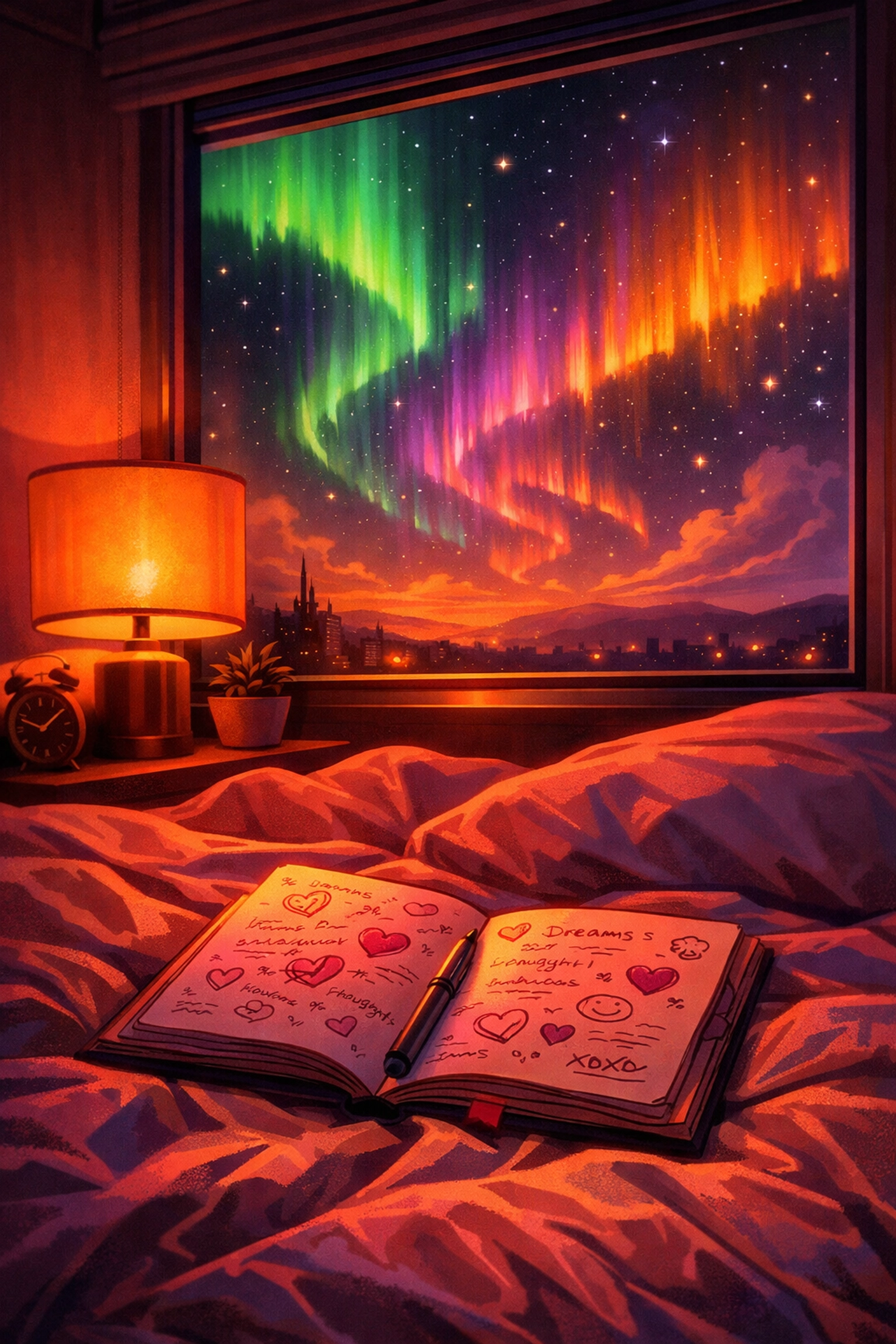 Cozy bedroom with journal and starry window representing self-reflection and personal intimacy time