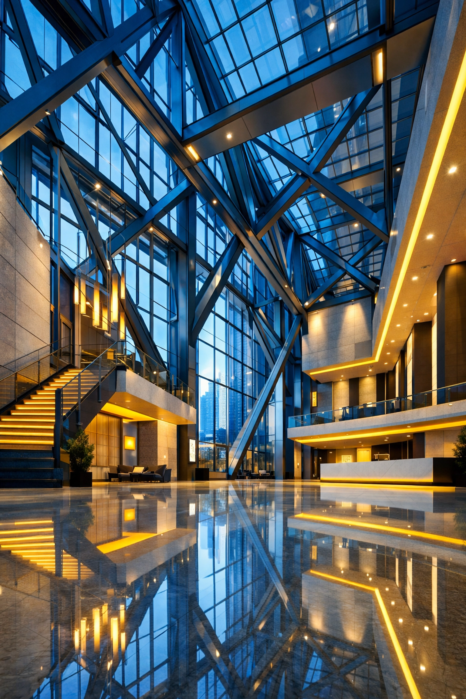 High-gloss floors in a modern commercial lobby following a professional office cleaning service for a corporate space.