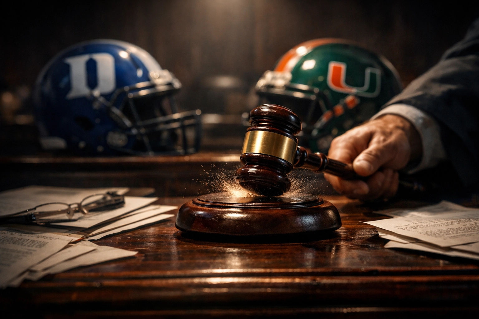 Duke-Miami NIL lawsuit depicted with gavel and football helmets representing legal battle