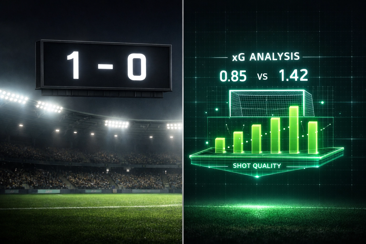 Split view comparing traditional scoreboard with live xG data visualization at half-time