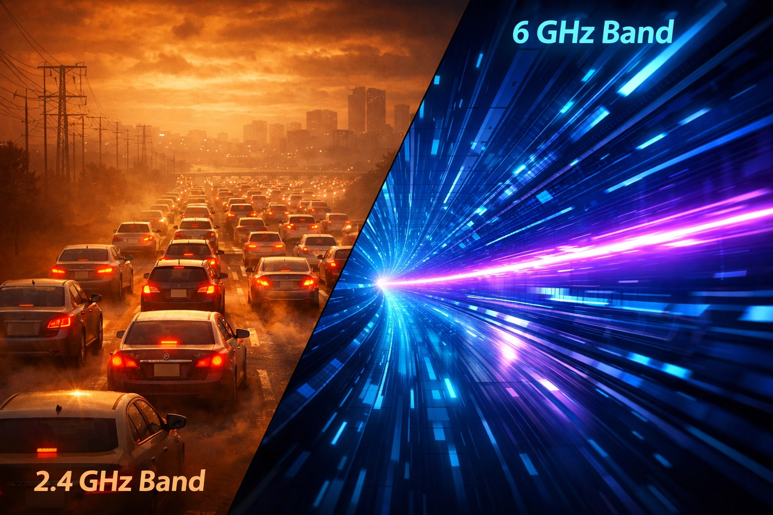 Comparison of slow 2.4GHz Wi-Fi congestion versus high-speed 6GHz data bands.
