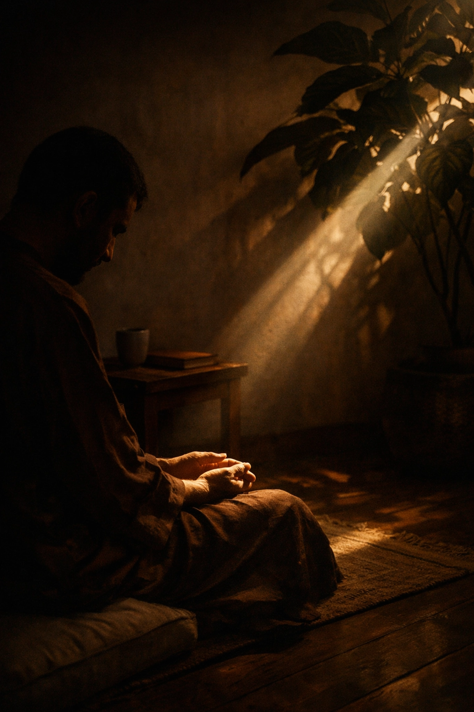 A person in quiet reflection under sunlight, capturing the humility and gratitude of the 28:24 Quran hoodie.