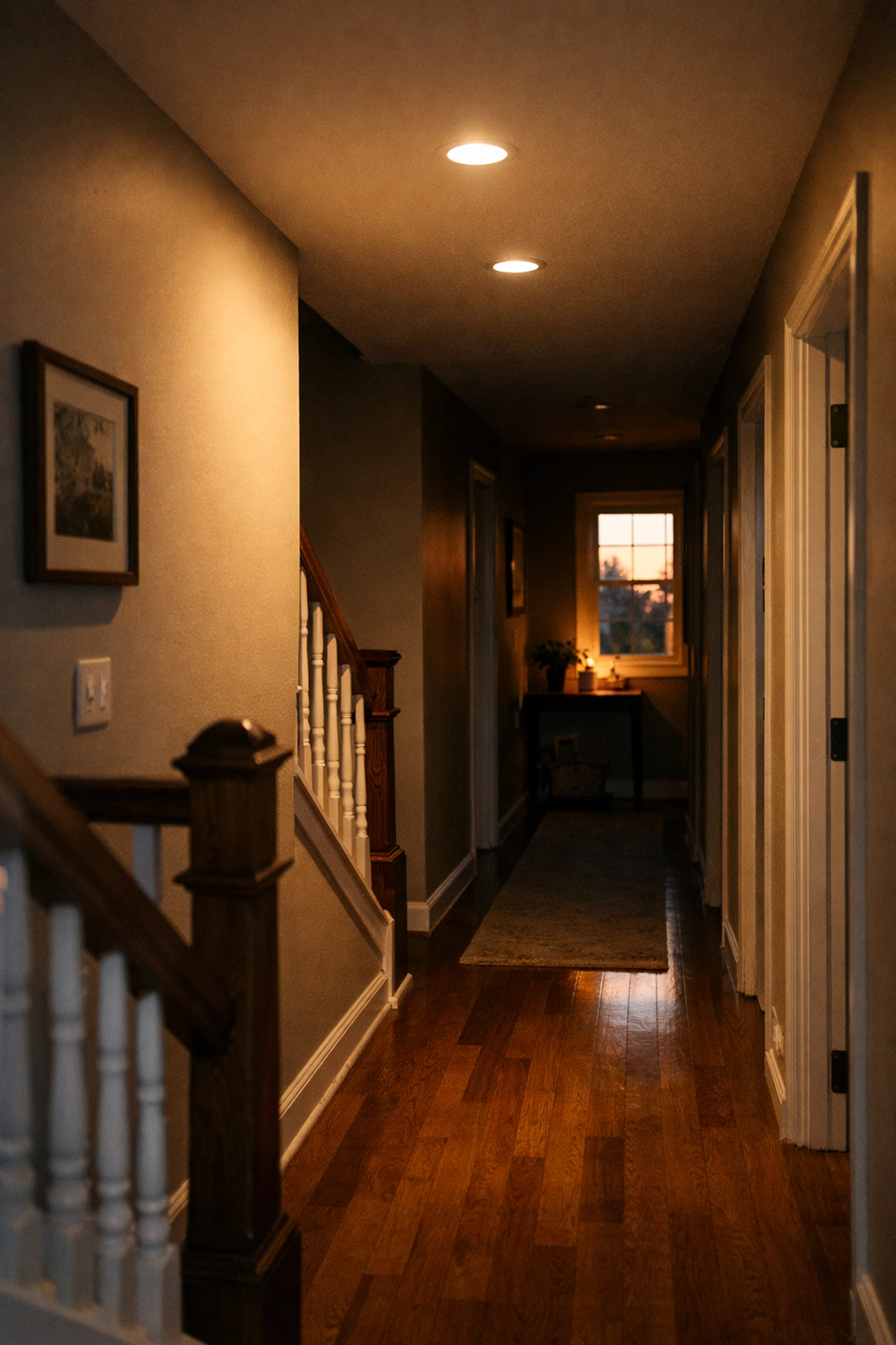 Poorly lit home hallway showing fall hazard from inadequate lighting and shadows
