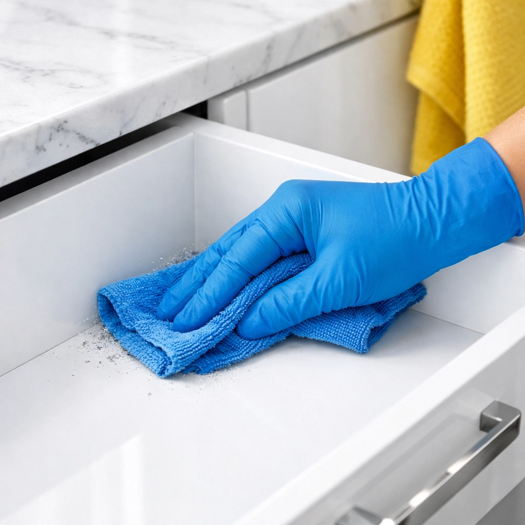 A hand in a blue glove cleaning crumbs and dust from a white kitchen drawer with a microfiber cloth.