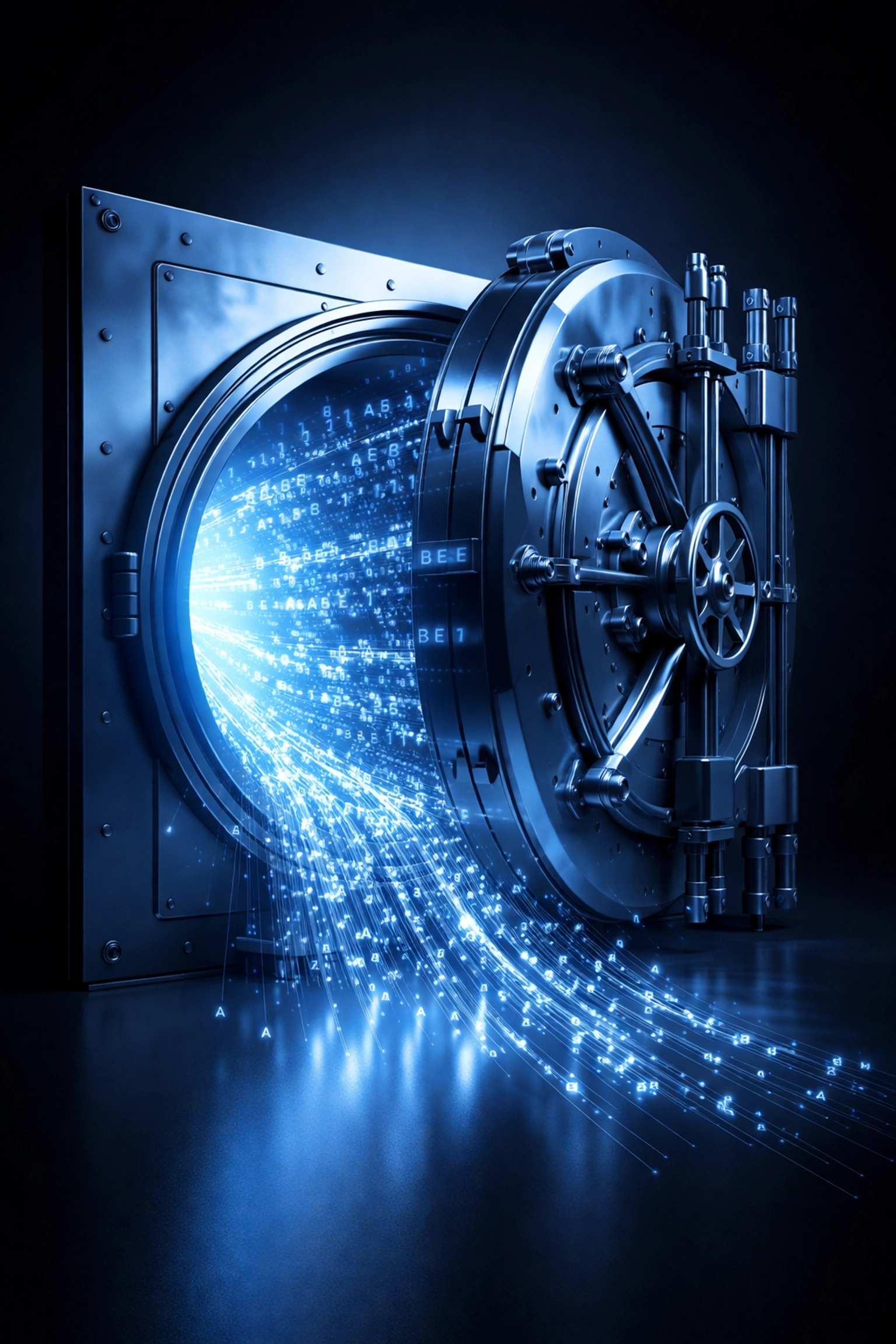Secure digital vault emitting glowing code, symbolizing strong encryption and advanced password protection for businesses.