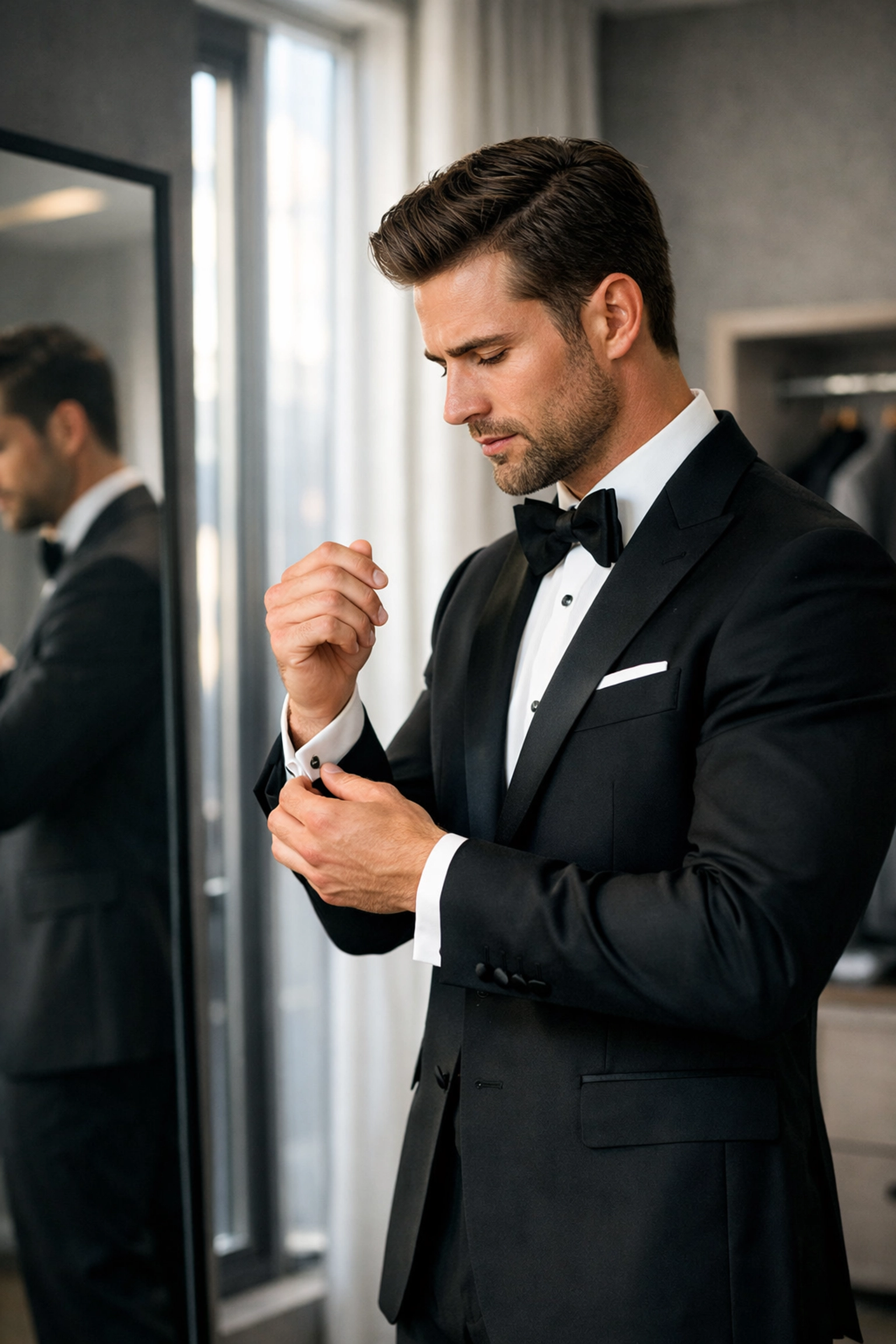 Man wearing perfectly fitted custom tuxedo adjusting cufflinks in mirror
