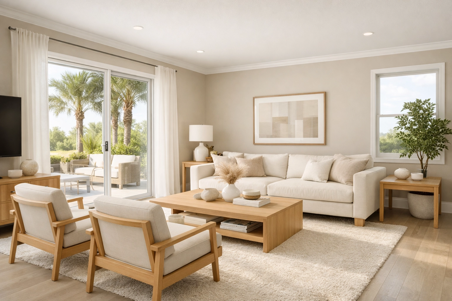 Modern Orlando living room showing natural light on warm neutral interior painting.