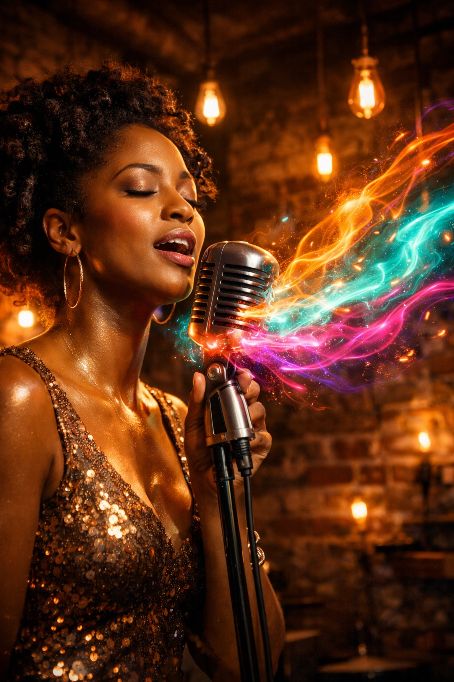 A passionate singer performing music with substance into a vintage microphone at a soulful venue.