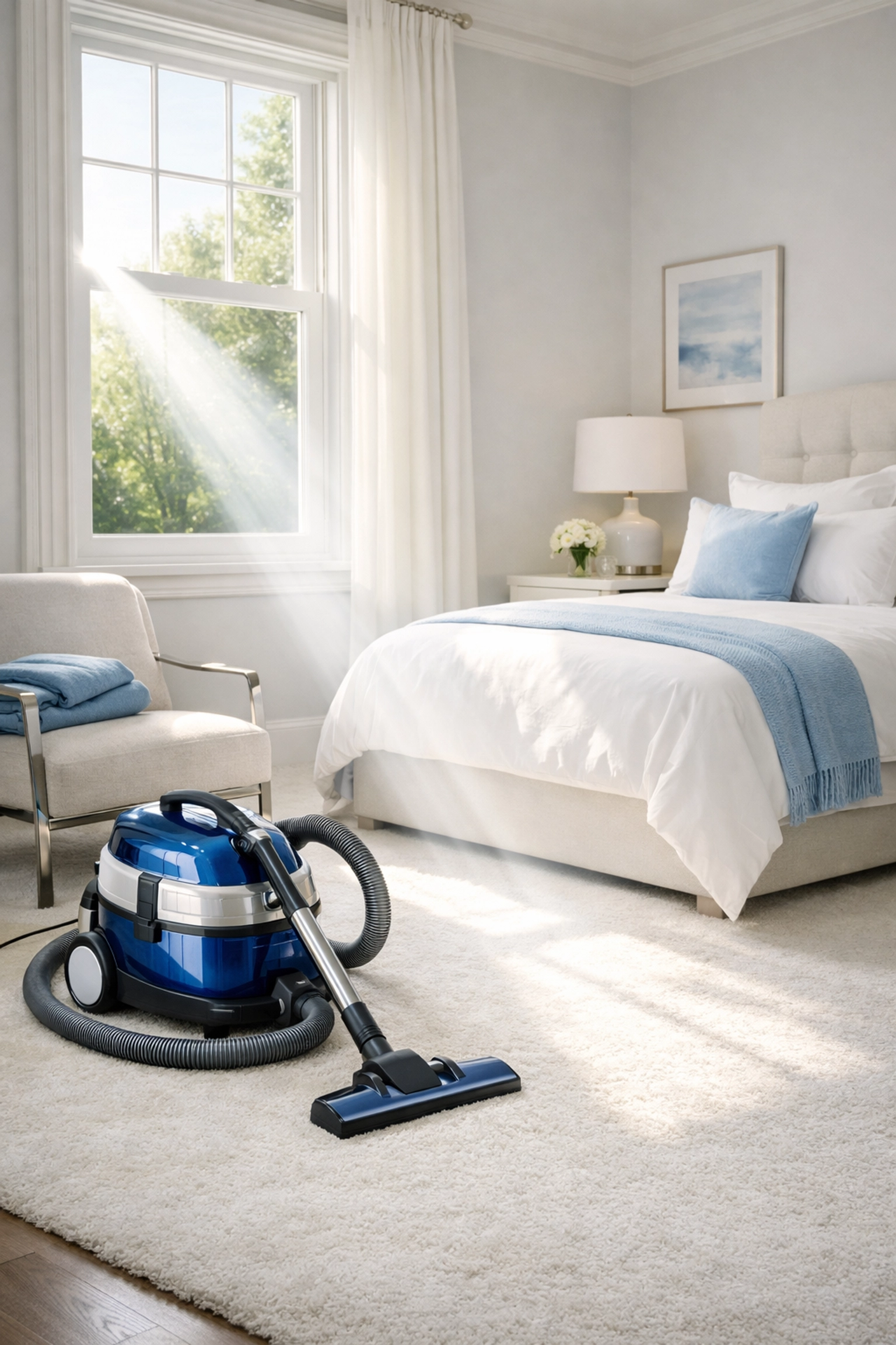 Healthy residential cleaning Massachusetts in a sunlit luxury bedroom focusing on air quality and dust removal.