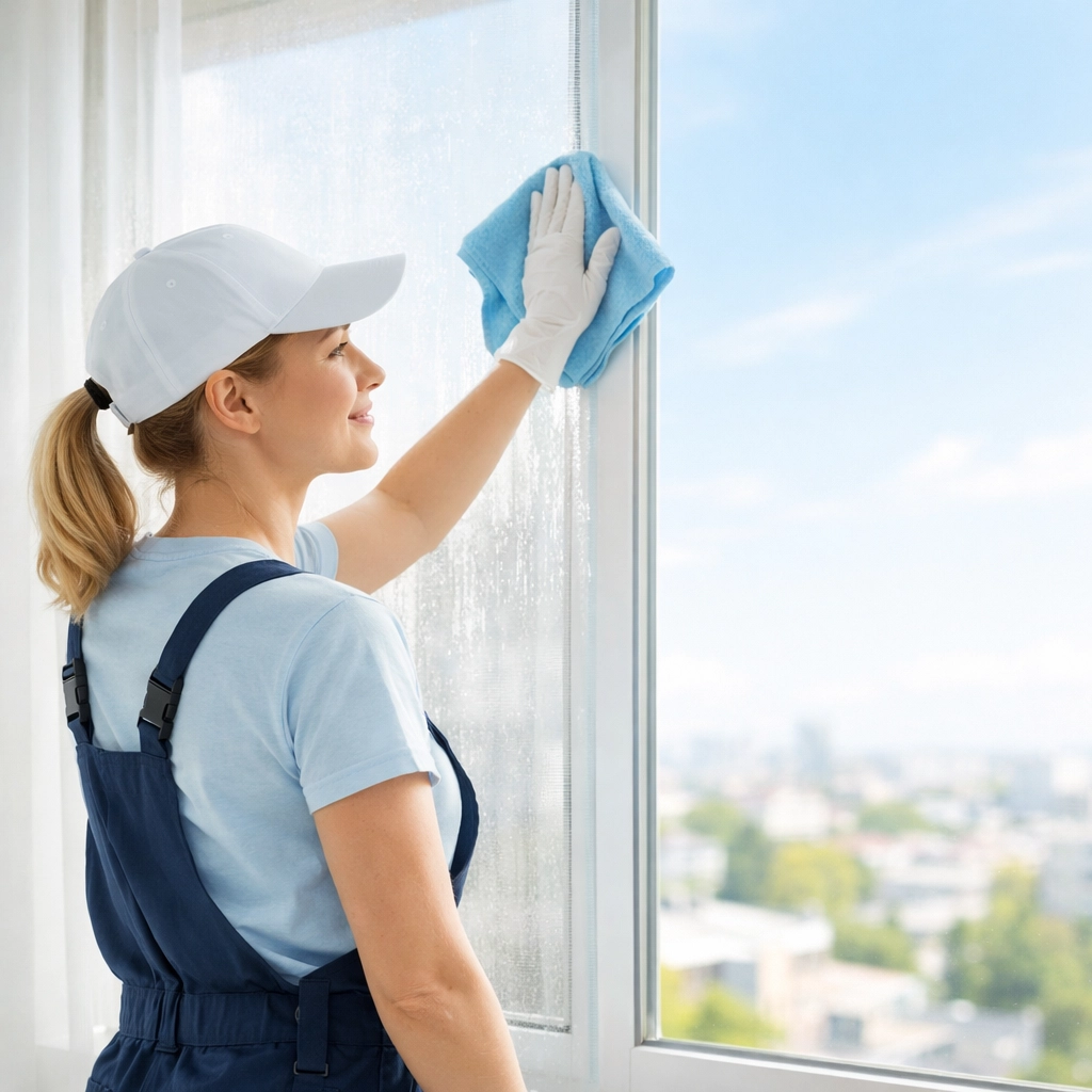Cleaner wiping apartment window to maximize natural light for showing