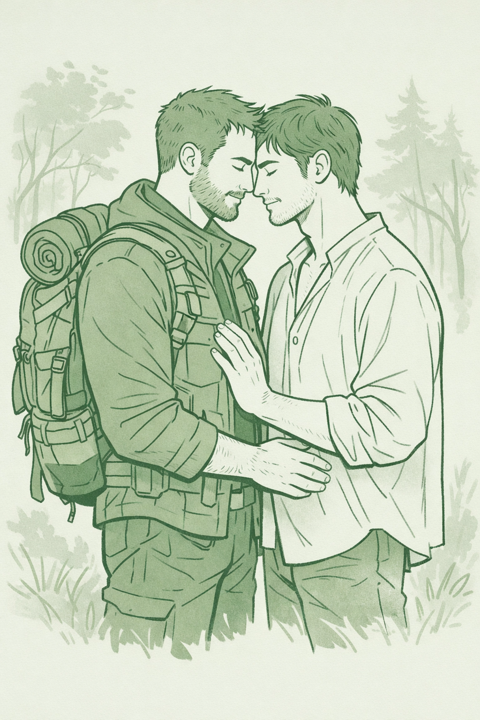 Hand-drawn art of two men embracing, showing that MM romance and queer identity go beyond physical appearance.