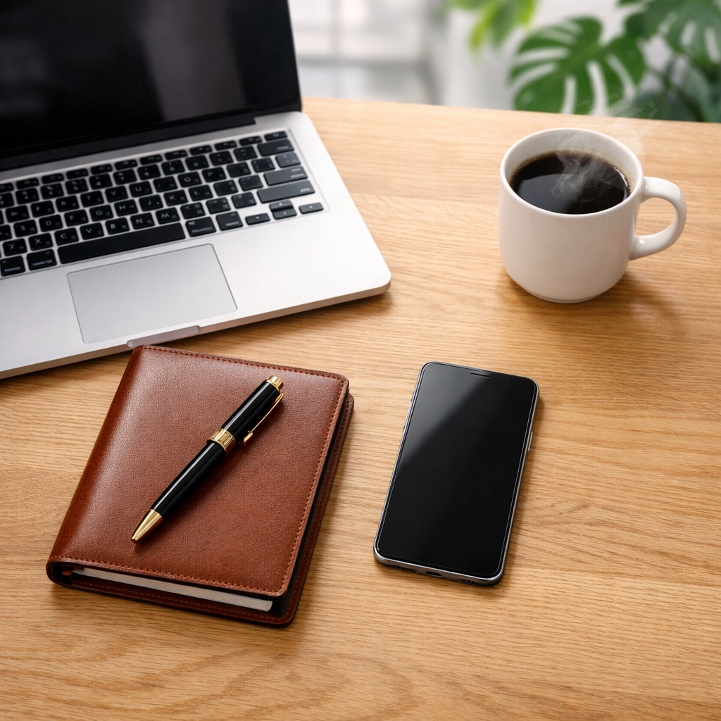 Minimalist workspace setup for a founder managing a lead generation funnel for an Orbit Business.