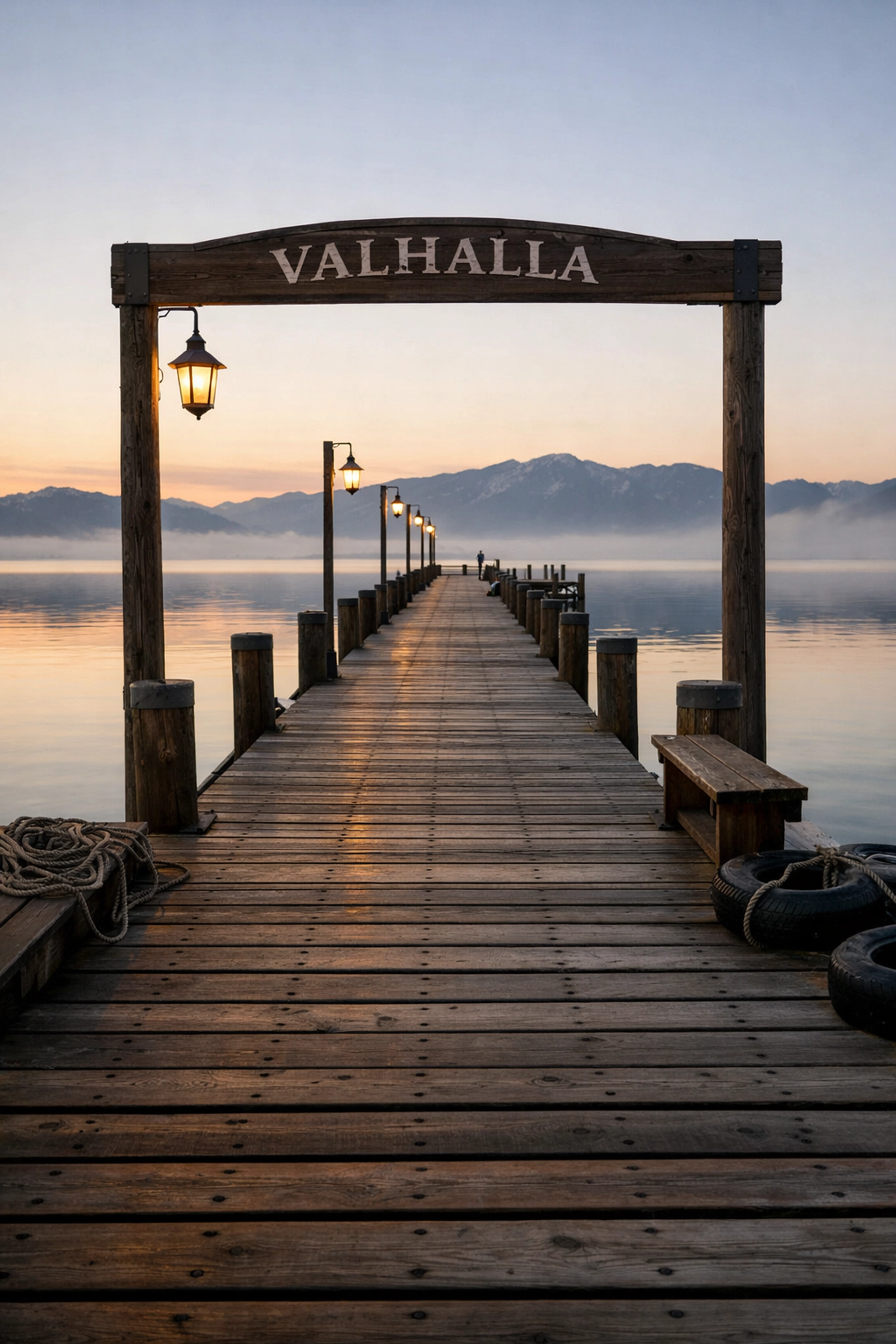 Valhalla Pier at sunrise in South Lake Tahoe, featuring wooden leading lines and calm misty water.
