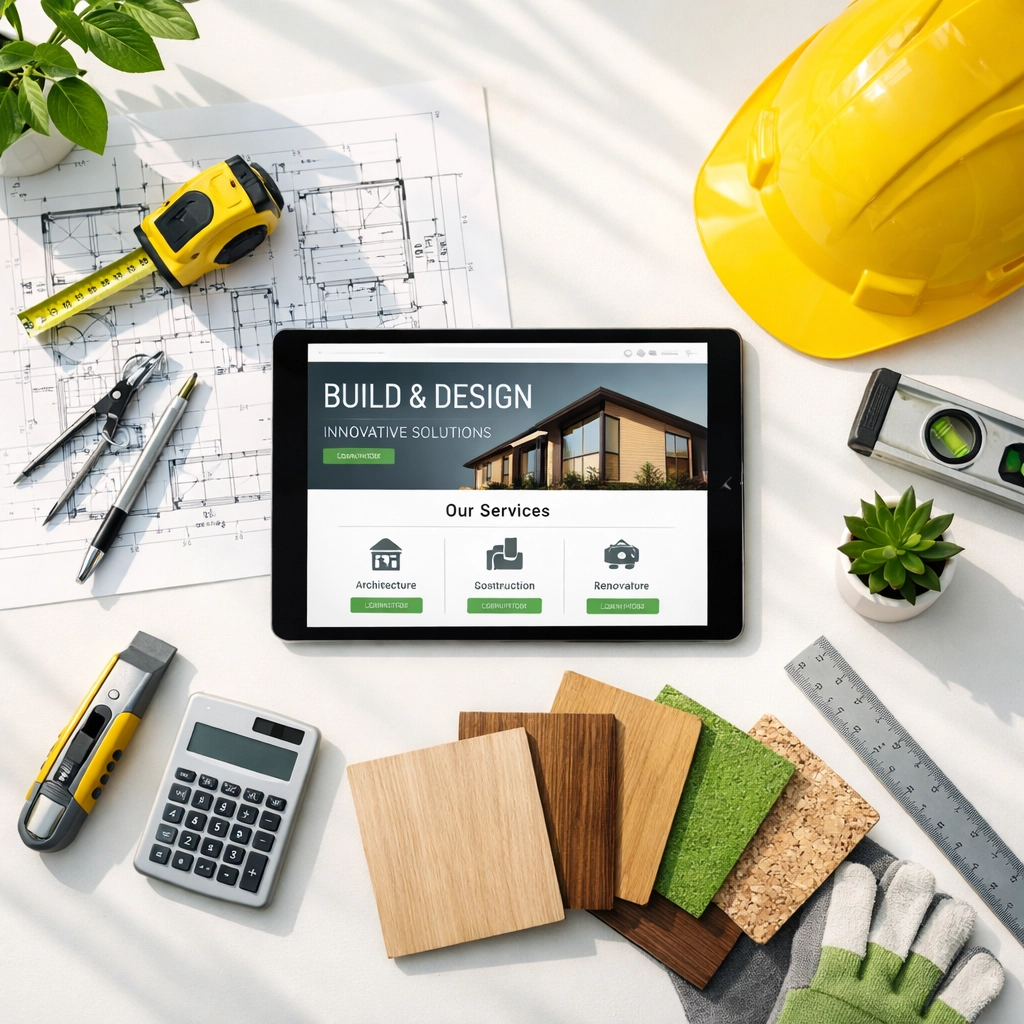 Professional contractor workspace with blueprints and website design tablet