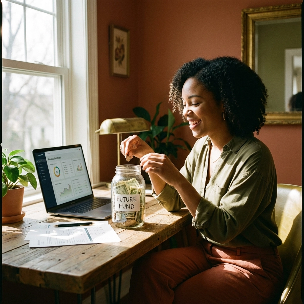 Young professional adds coins to a savings jar at a desk, representing early retirement savings and financial planning.