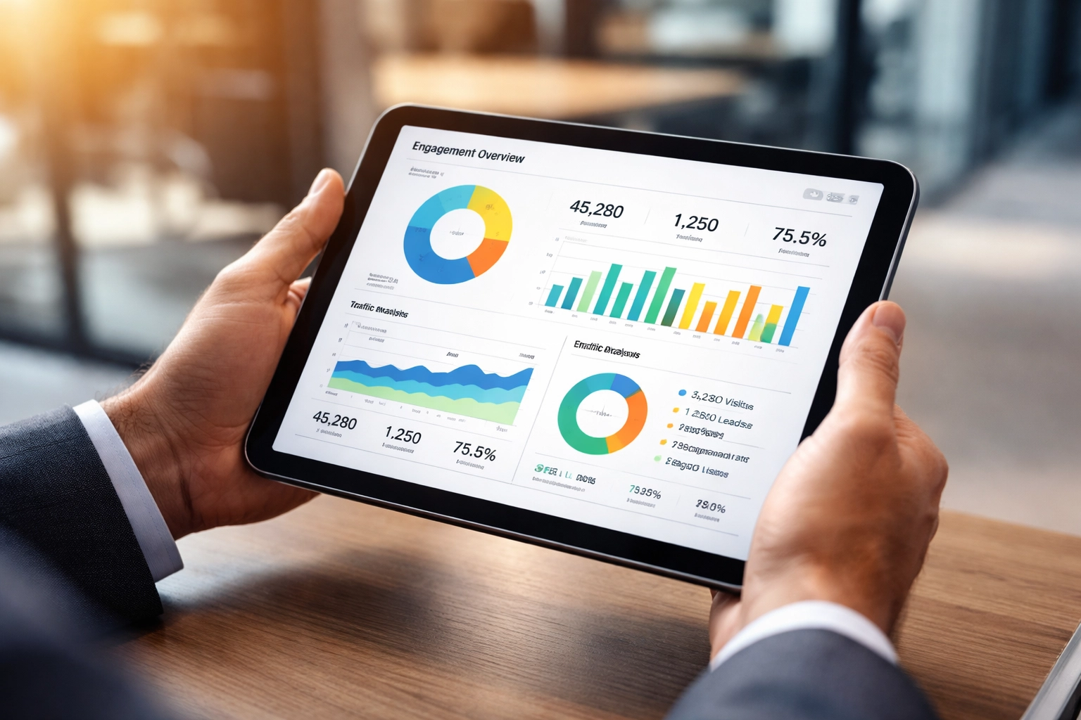 Close-up of marketing professional analyzing sponsorship activation data on a tablet with analytics charts in a modern office setting.