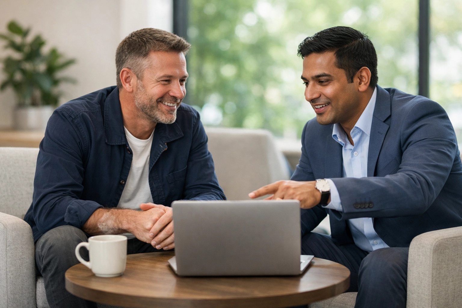 A real estate investor and strategic mortgage advisor discussing property scaling solutions in a modern lounge.