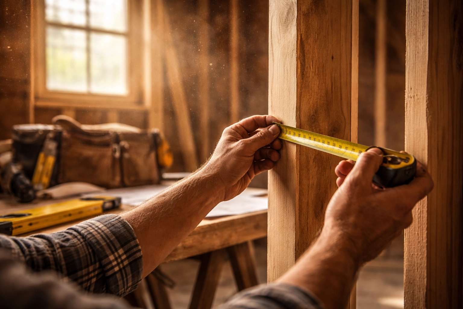 Contractor measuring wooden framing inside a renovation project, illustrating essential team roles for real estate investors