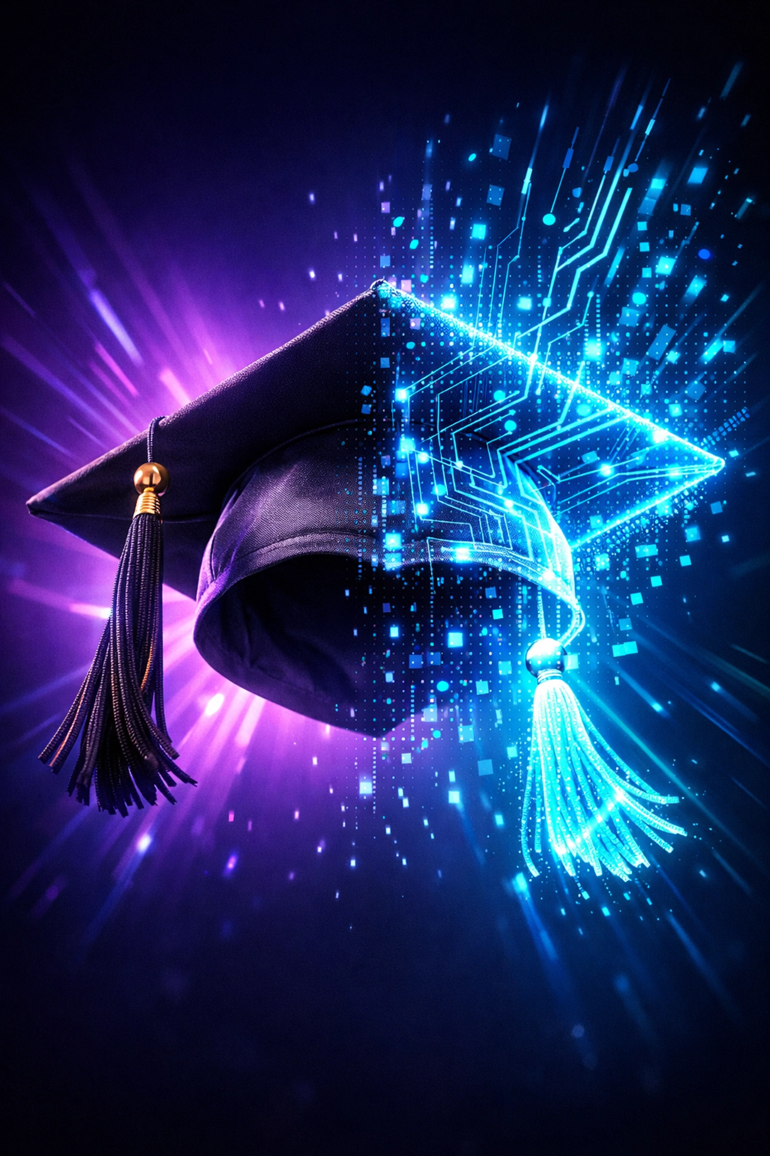 Graduation cap transforming into AI technology symbolizing campus-to-career gap bridging
