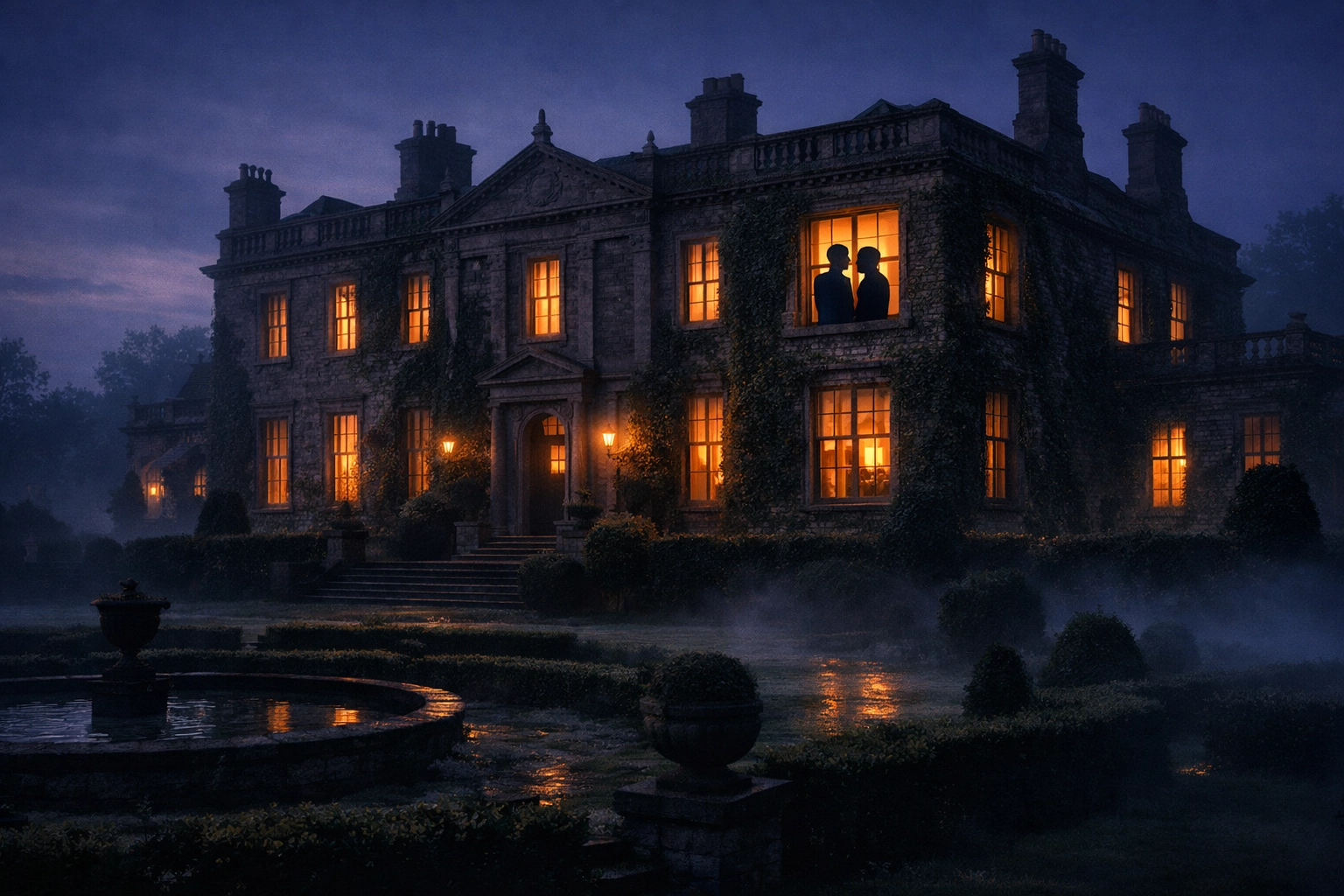 Victorian estate at twilight with two men in window - historical MM romance setting