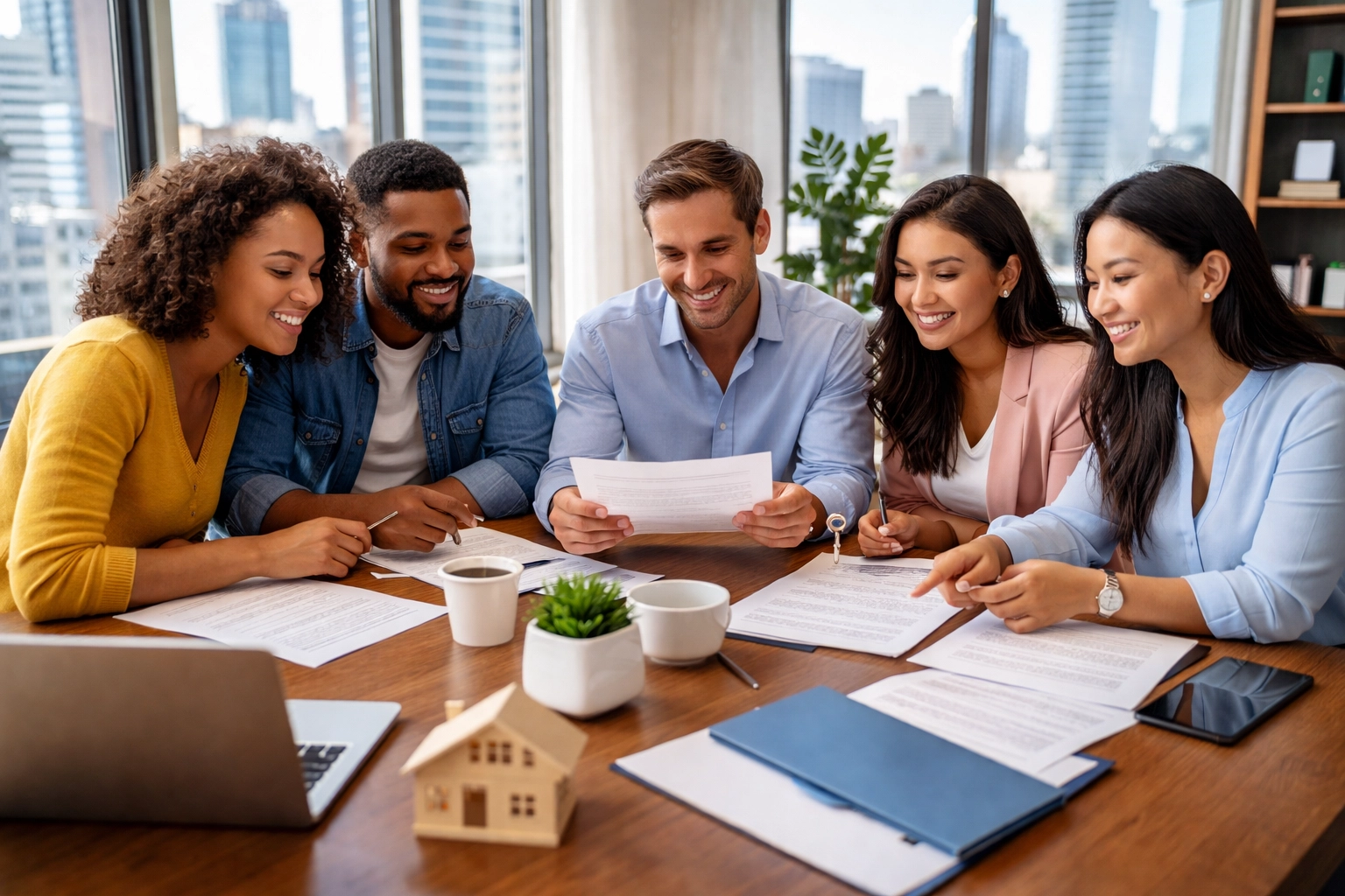 Group of diverse homebuyers discuss legal options in a law office after Rocket Mortgage CFPB case dismissal.