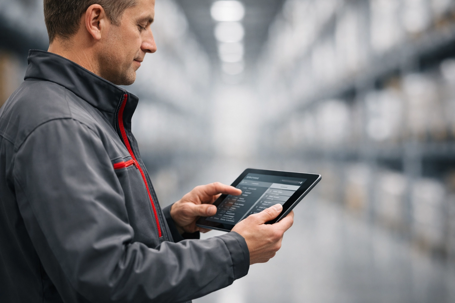 Logistics professional using a tablet to manage inventory in a high-tech Hertford distribution center.