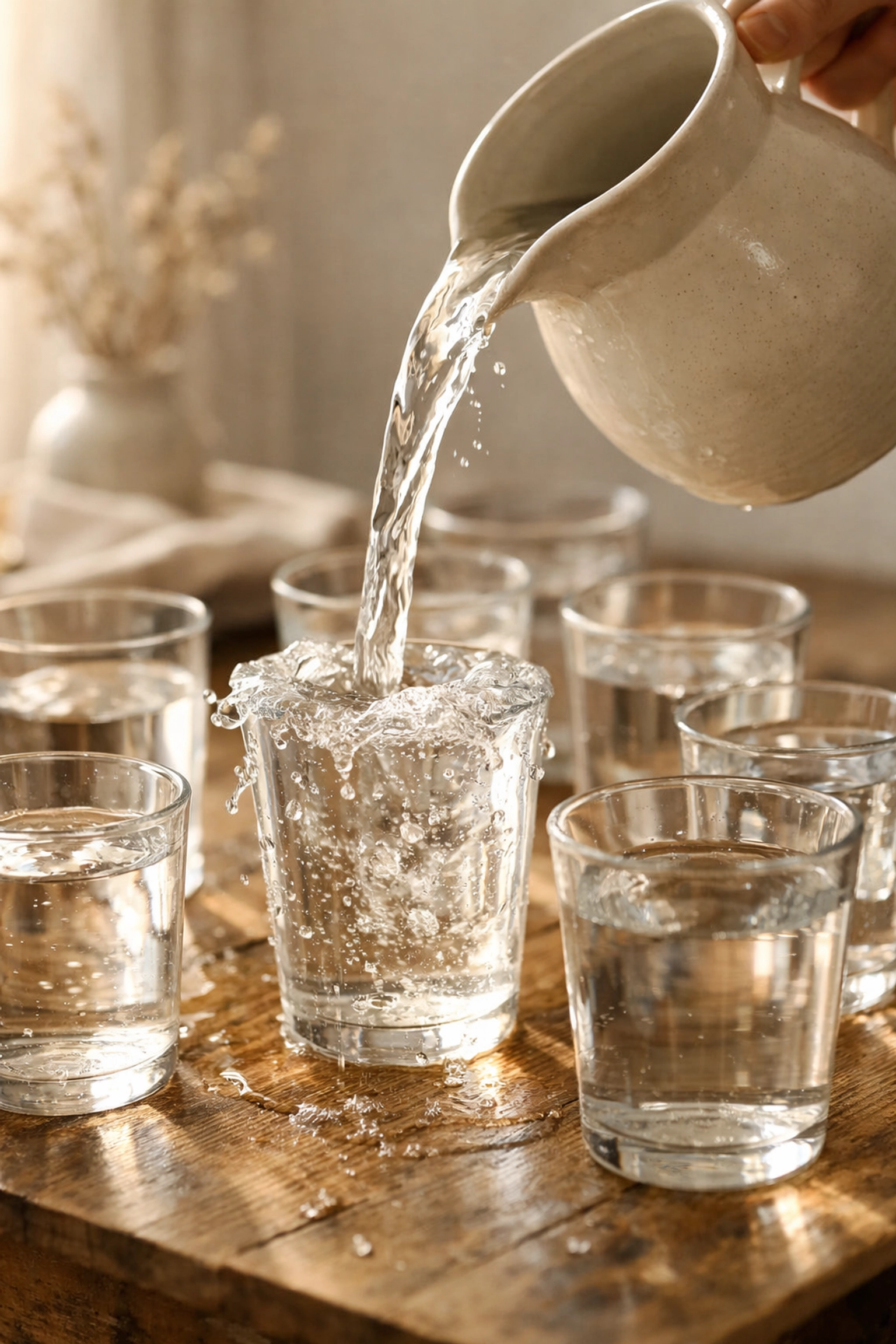 Water pouring into glasses representing overflow of generosity and abundant giving Water pouring into glasses representing overflow of generosity and abundant giving