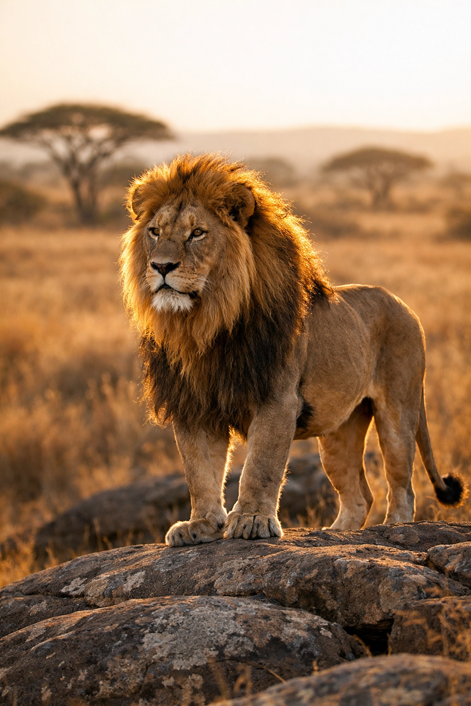 Lion on a savannah rock at golden hour showing the use of background in wildlife photography.