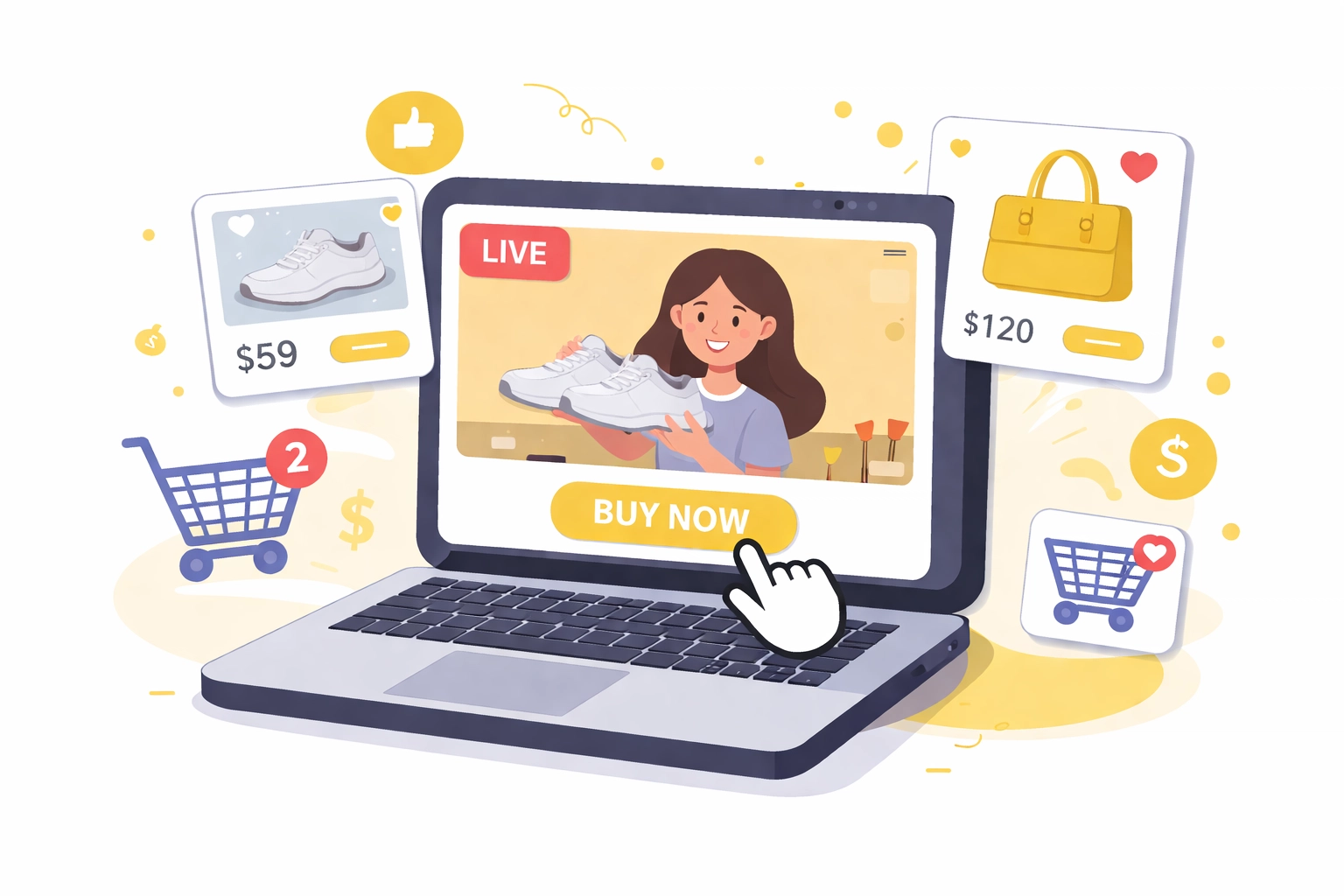 Illustration of a live shopping platform with a video stream and interactive product cards, highlighting shoppable video features.