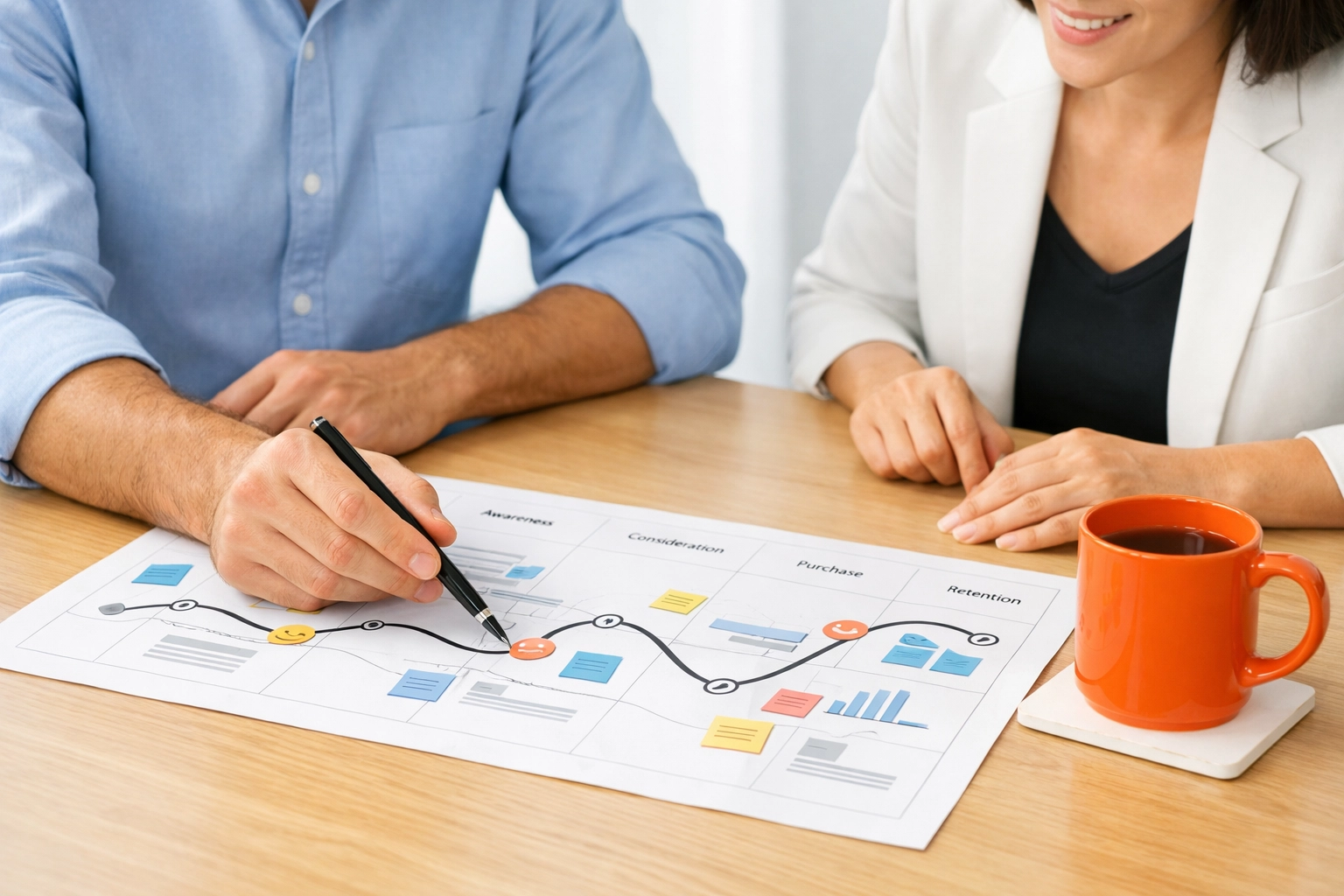 Business owners collaborating over a journey map to build an ethical sales relationship.