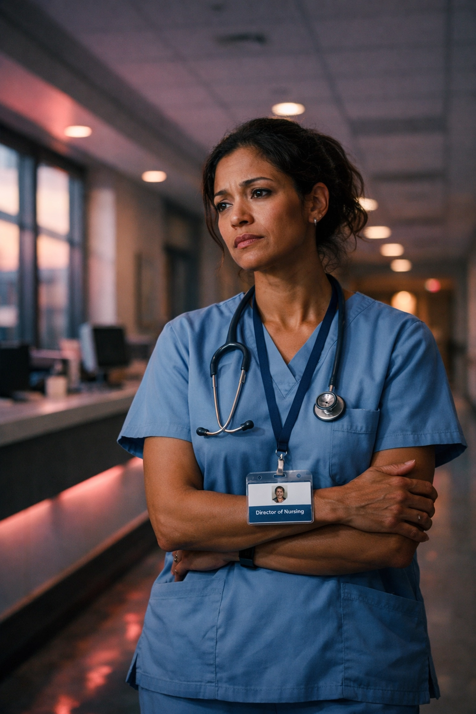 Director of Nursing standing alone in hospital hallway feeling overwhelmed without proper onboarding