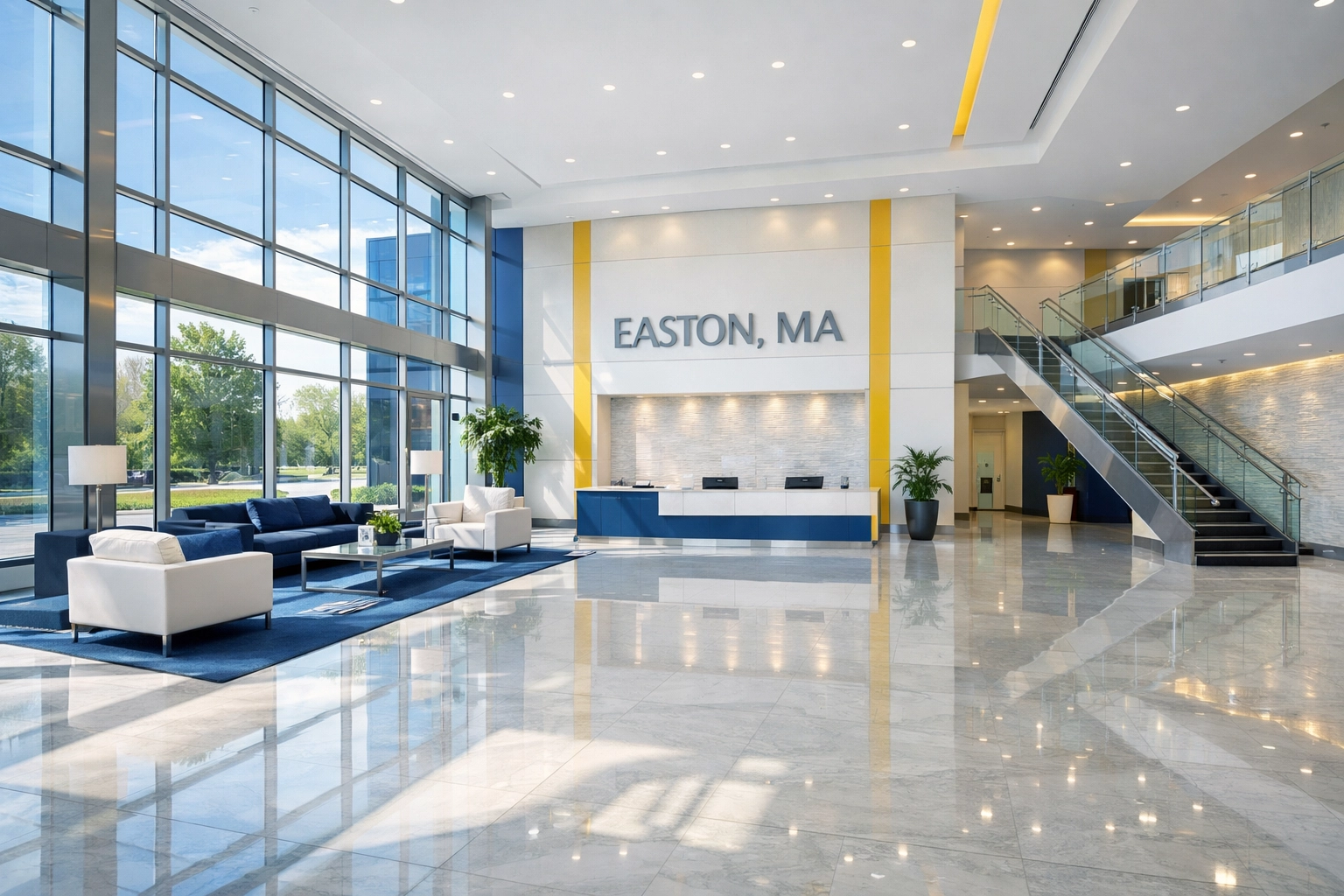 Commercial office lobby in Easton, MA with clean glass and polished floors from professional janitorial services.