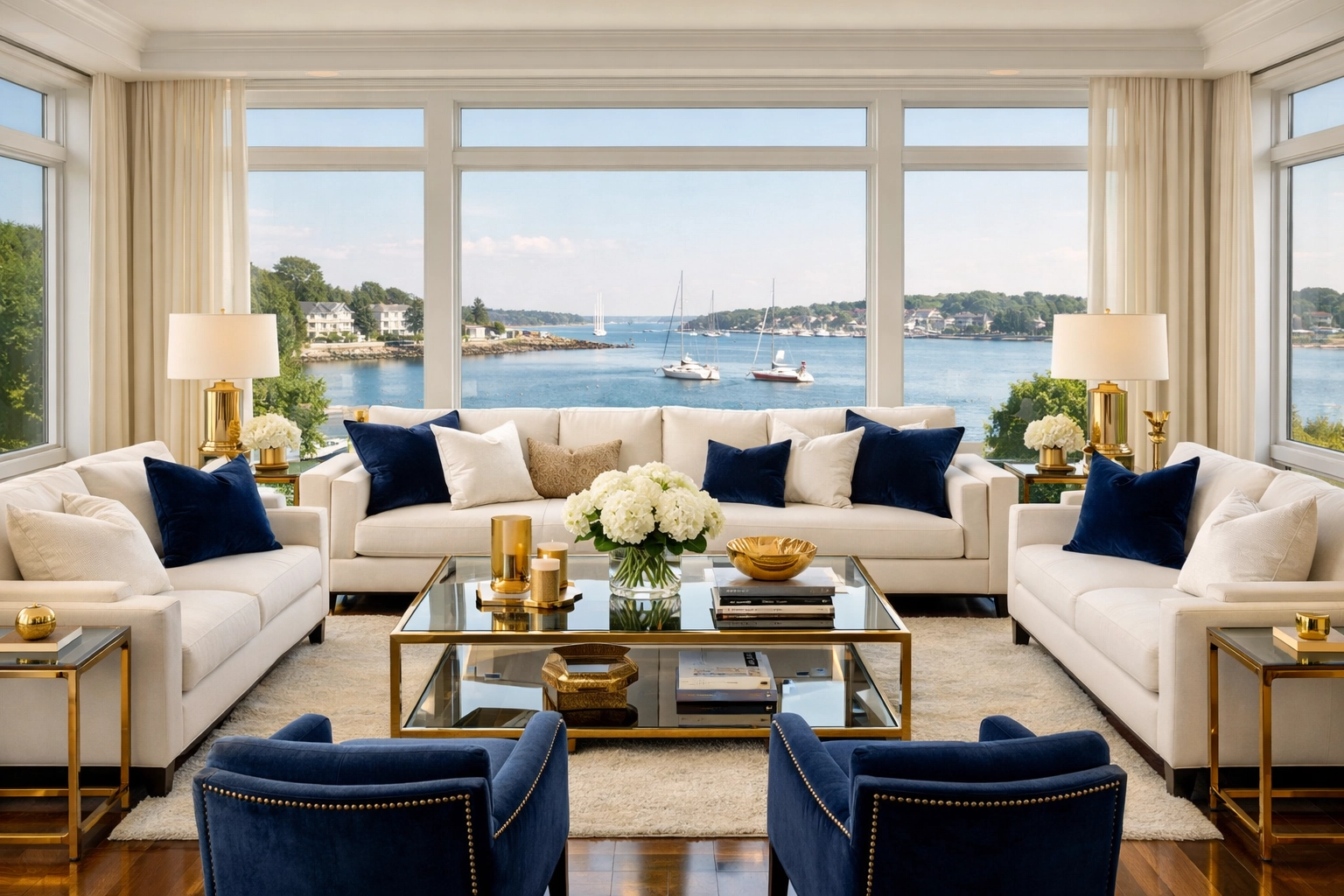 Pristine living room showing the results of luxury house cleaning in Hingham with polished wood floors.