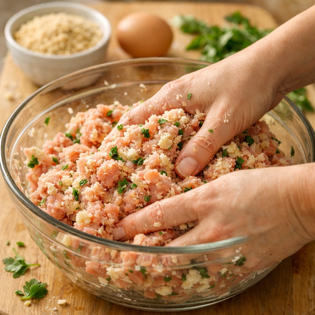 Mixing ground turkey meatball ingredients with herbs and garlic in glass bowl