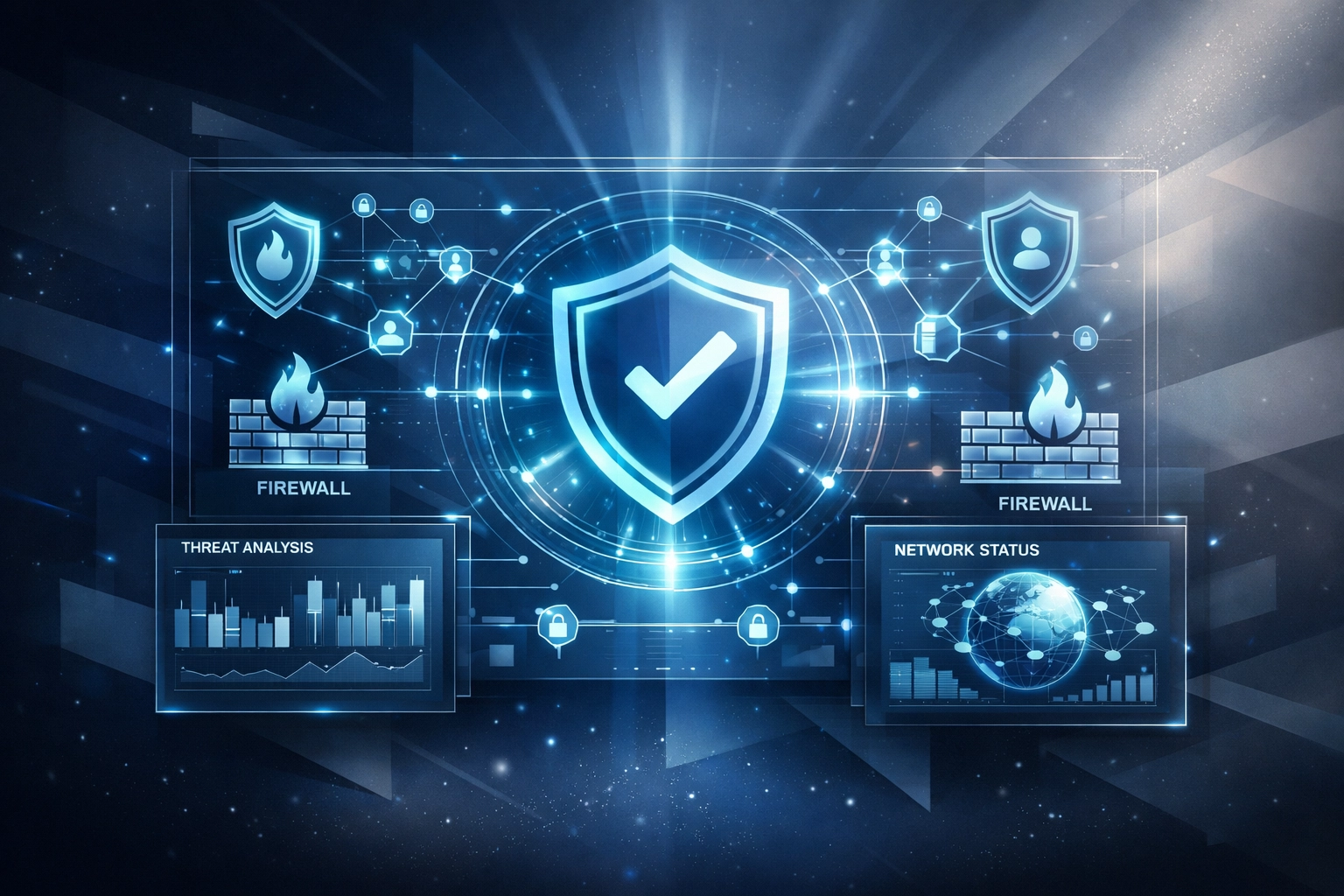 IT security dashboard showing firewall protection and network monitoring components