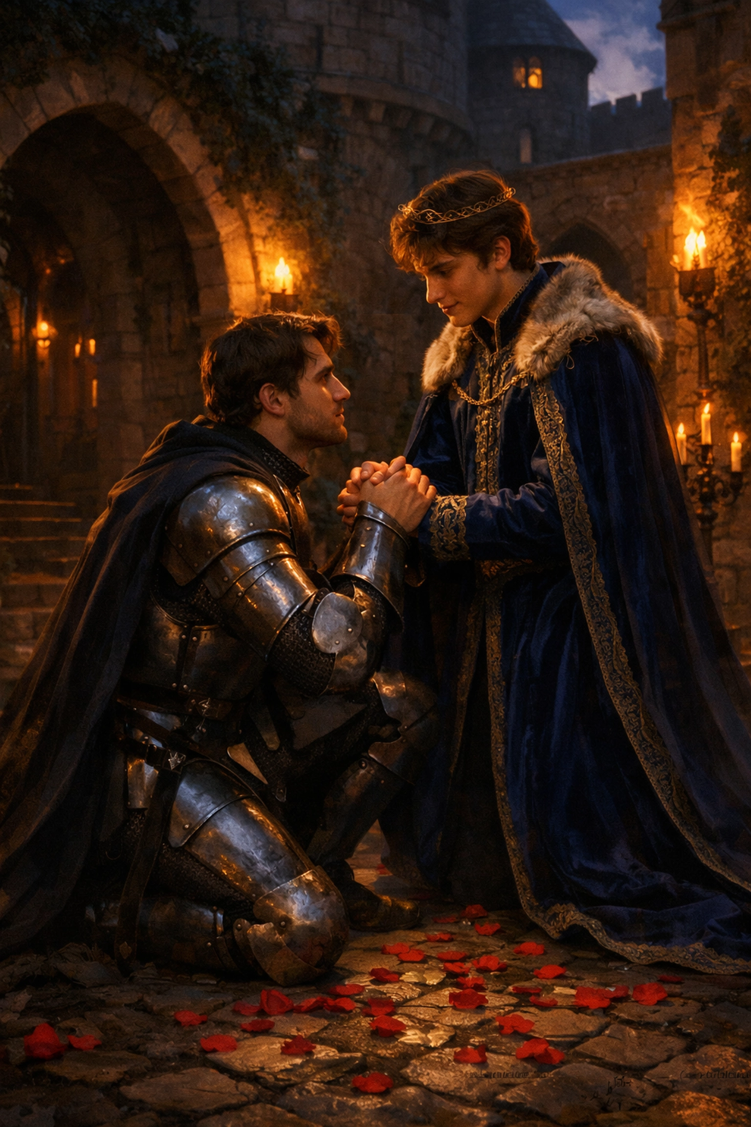 Medieval knight kneeling before prince in castle courtyard with rose petals - MM romance forbidden love scene
