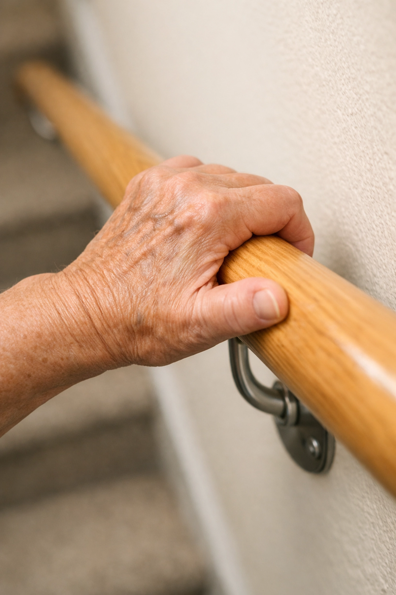 Close-up of a senior hand using a secure power grip on an ergonomic wooden handrail for home stair safety.