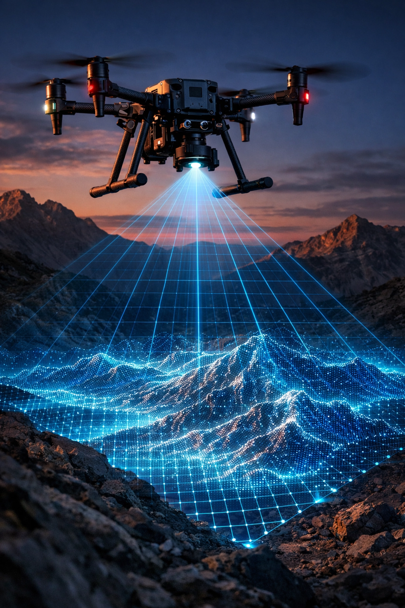 Industrial drone scanning mountainous terrain with a laser grid