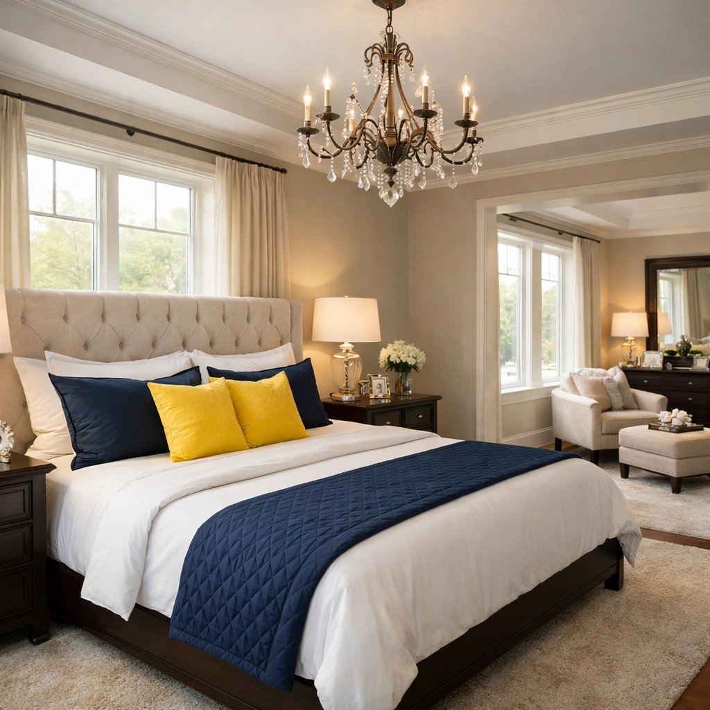 A dust-free Ashby MA bedroom with fresh linens after a professional House Cleaning Ashby MA service.