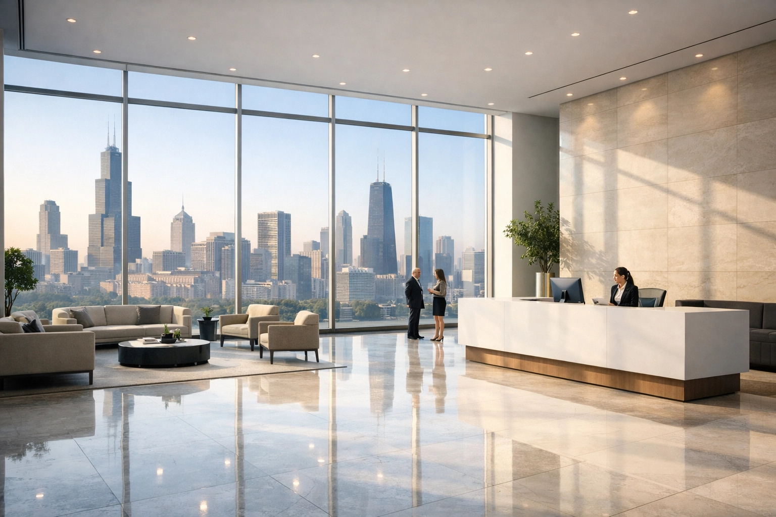 Clean corporate lobby in a Chicago skyscraper with polished floors maintained by a professional office cleaning service.