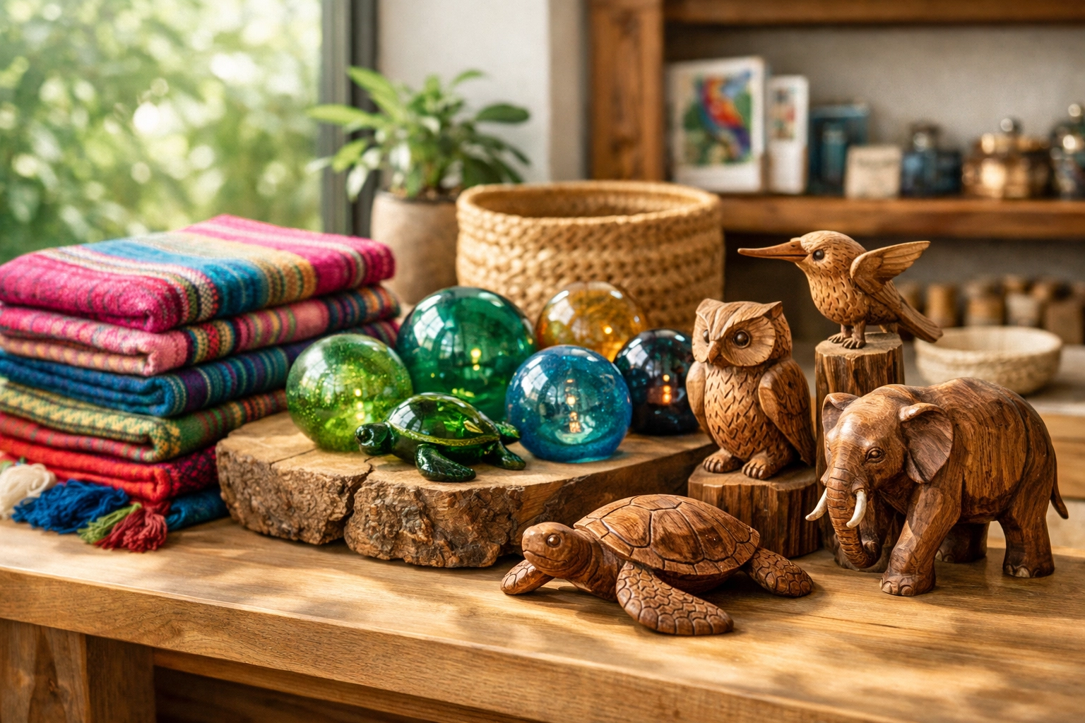 Sustainable souvenirs and handmade crafts in an ethical conservation center gift shop.