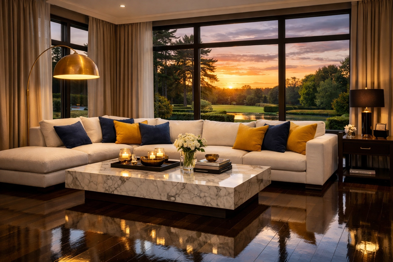 Meticulously maintained luxury living room following residential cleaning Massachusetts services.