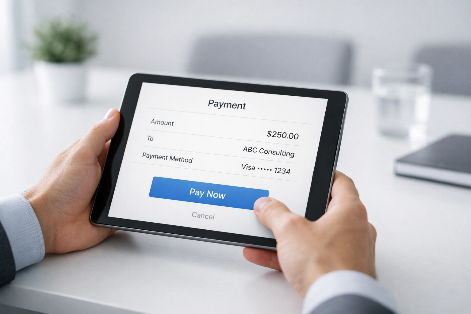 Tablet displaying automated payment processing interface for tax preparation fees