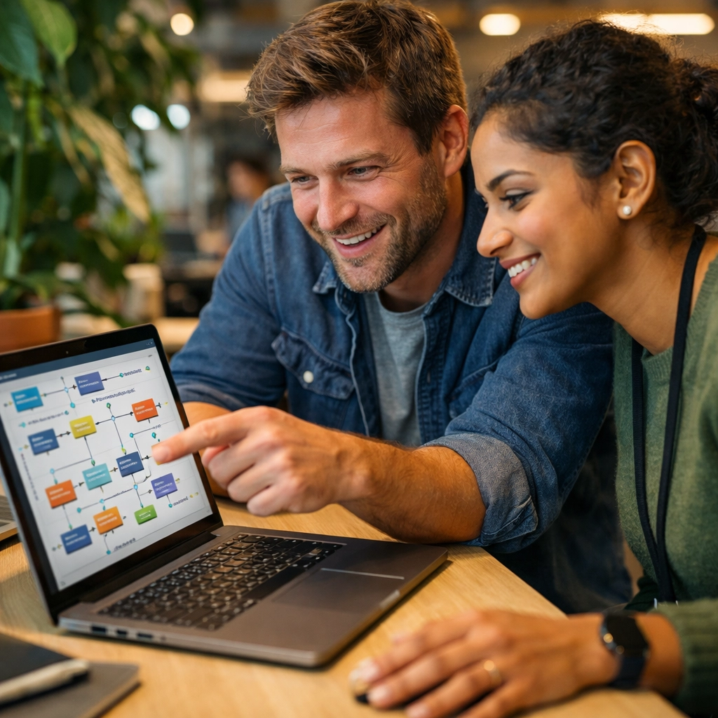 ServiceNow implementation partner experts collaborating on integrated ITOM and ITAM workflow charts.