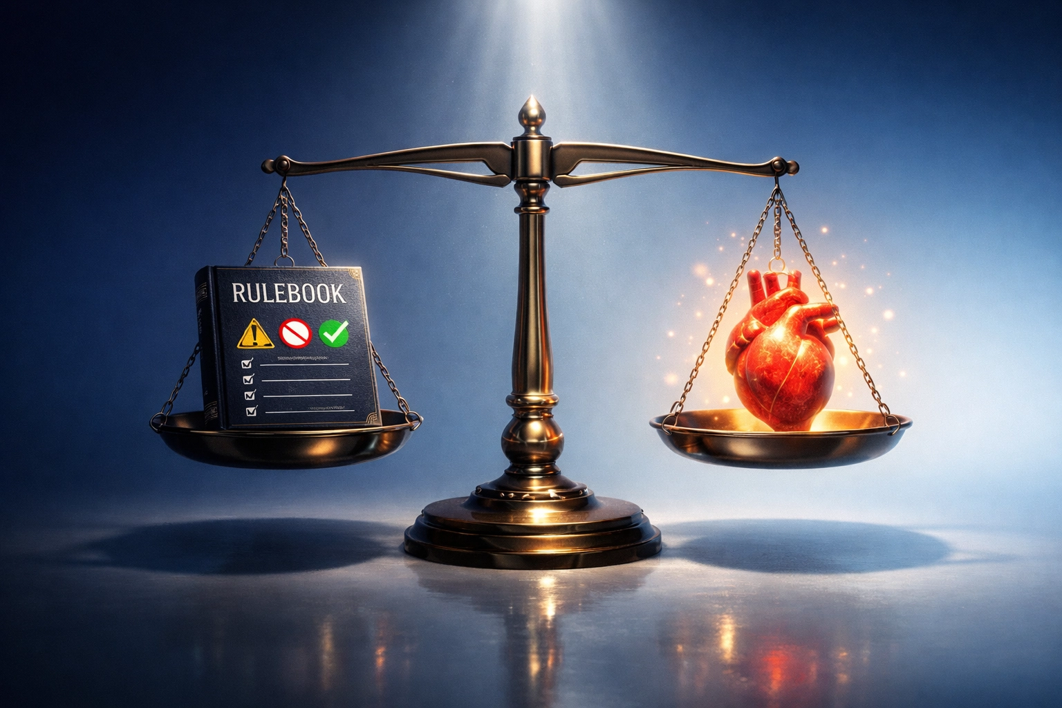 Balance scale weighing safety rulebook against human care representing workplace culture balance