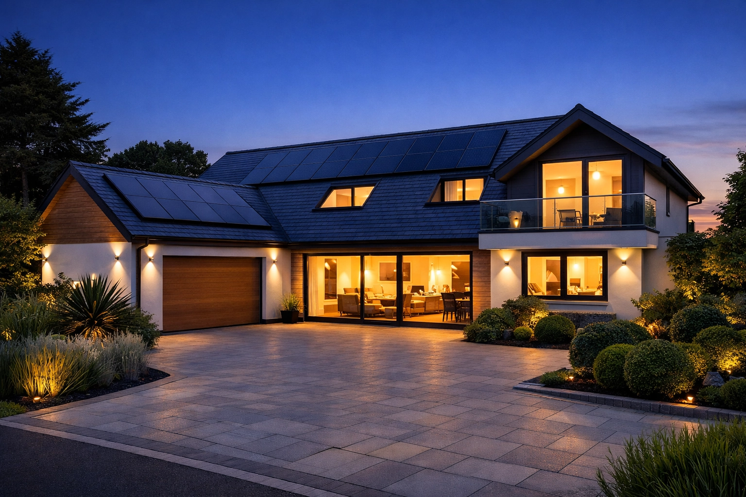 Modern Bournemouth home at dusk with roof-mounted solar panels for clean energy storage.