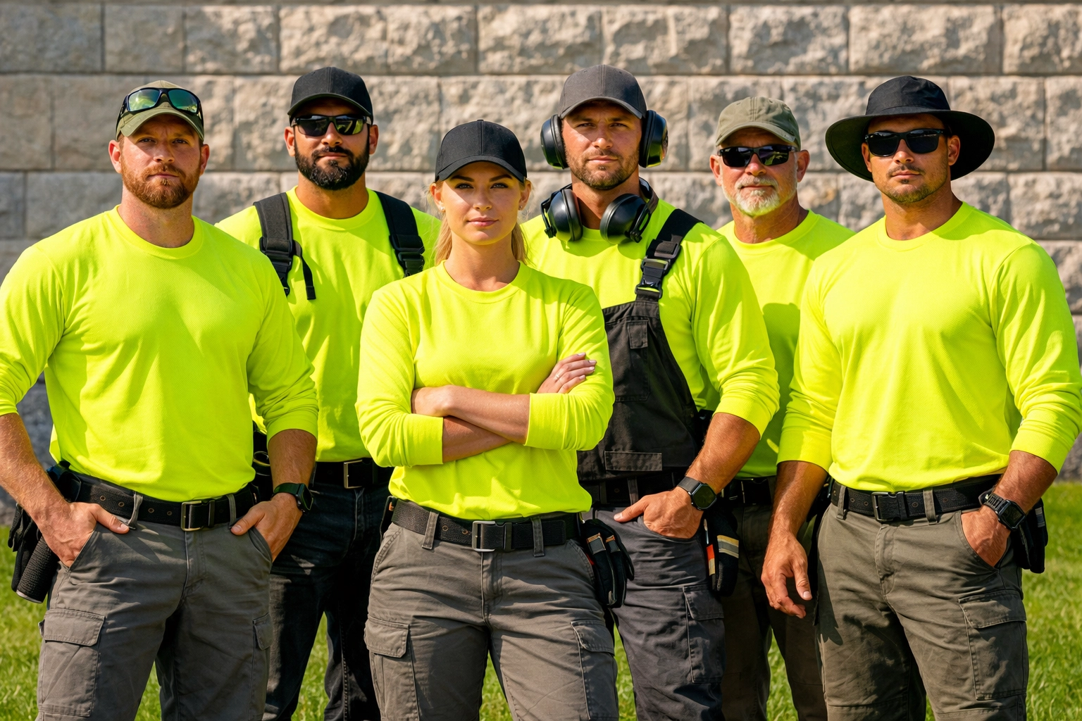 Landscaping crew in high-visibility custom t-shirts for safety and professional team branding.
