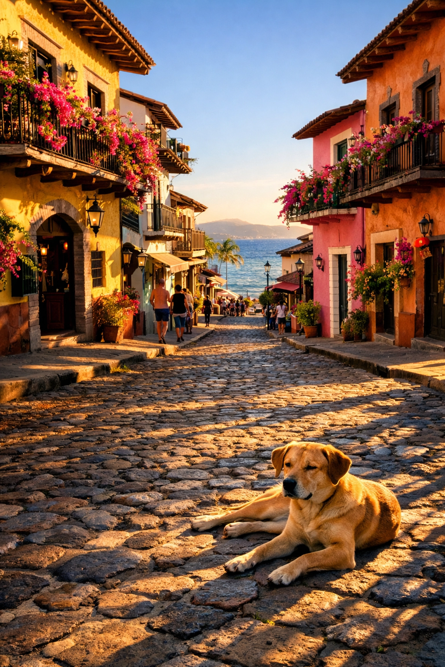Cobblestone streets in Old Town Puerto Vallarta with colorful colonial buildings