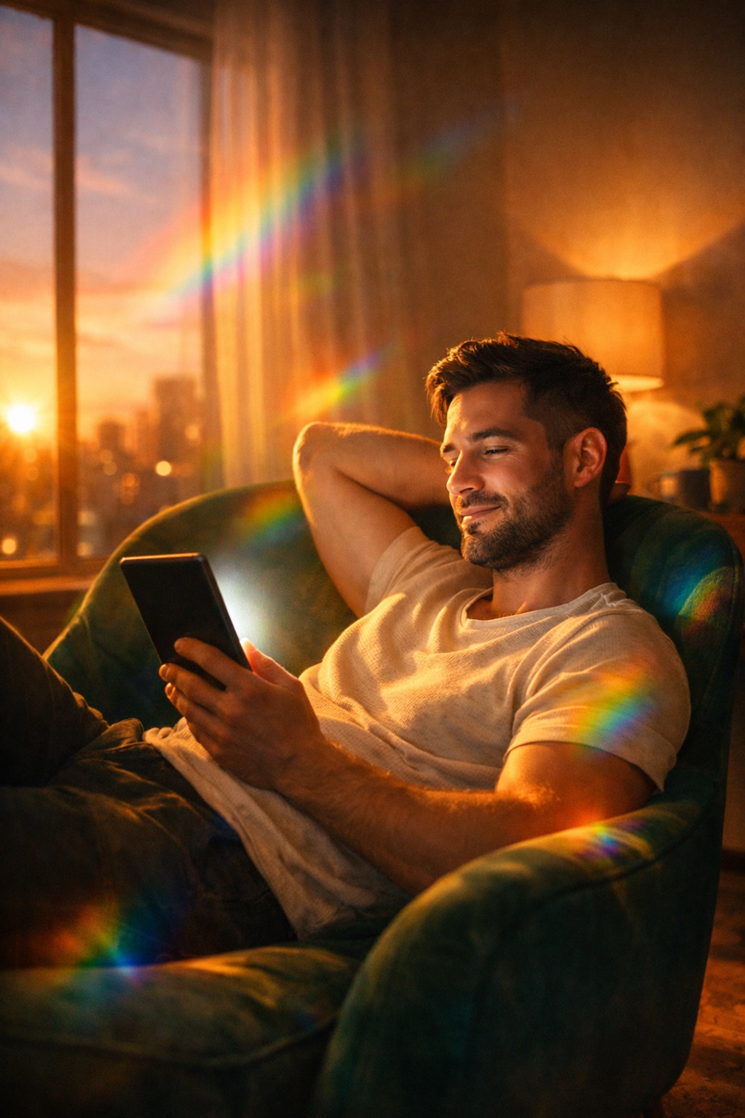 A gay man relaxing at sunset reading an LGBTQ+ ebook on an e-reader, showing self-care and queer joy.