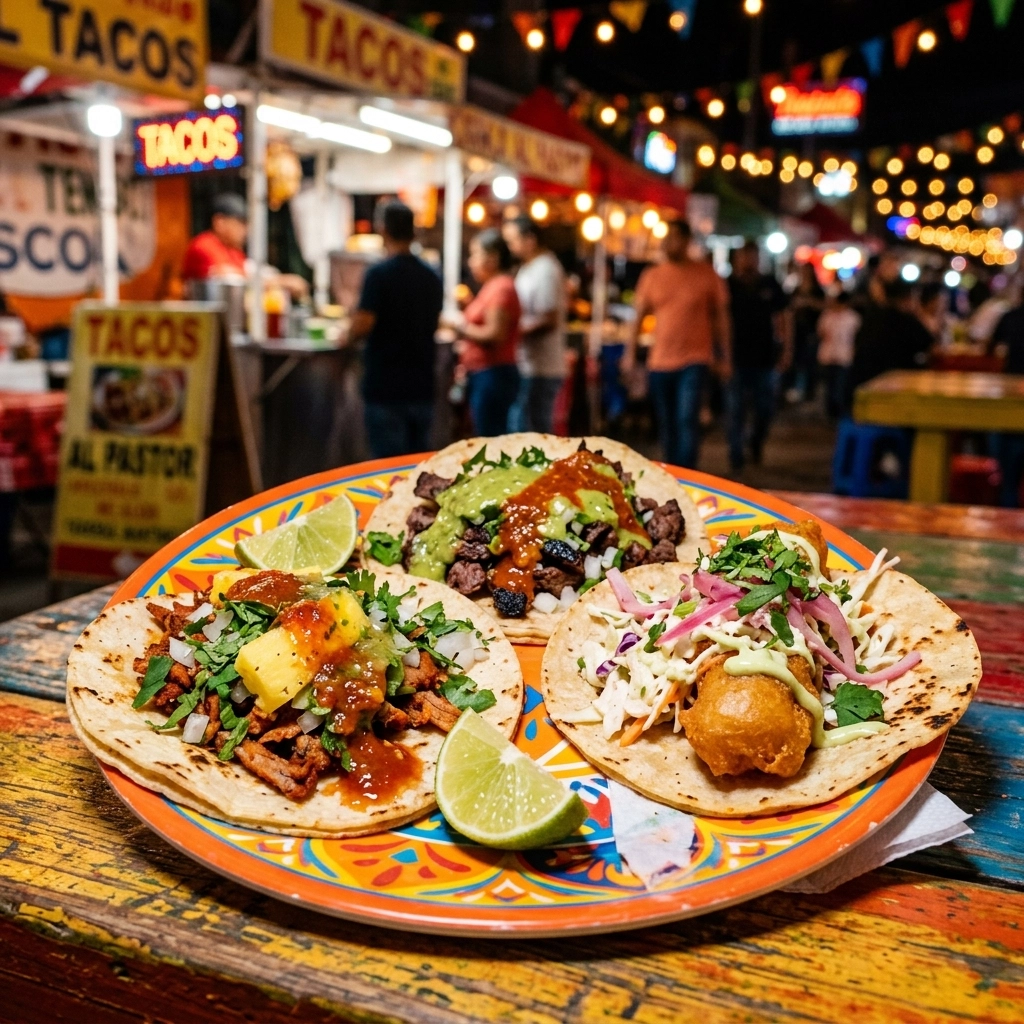 Close up of three delicious street tacos on a colorful plate